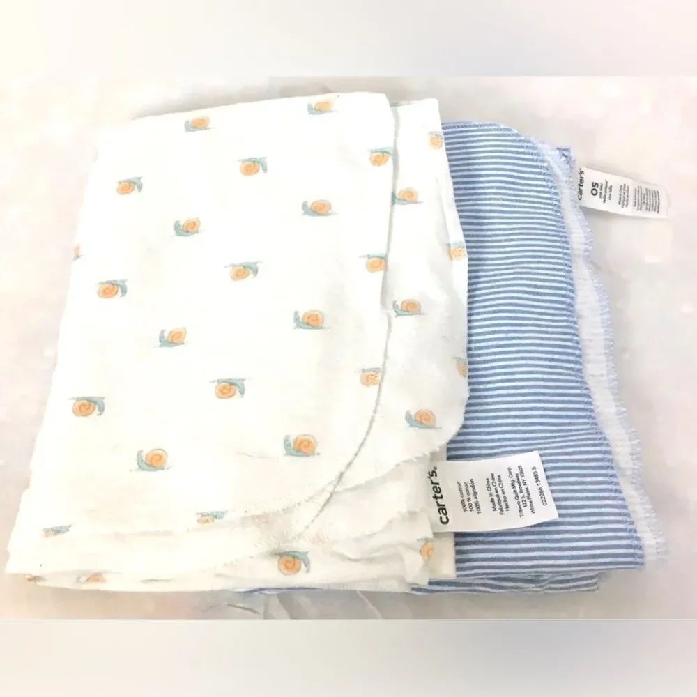 Carter’s Baby Boy Receiving Blankets Swaddle Set of 2 Blue Strip & Snails